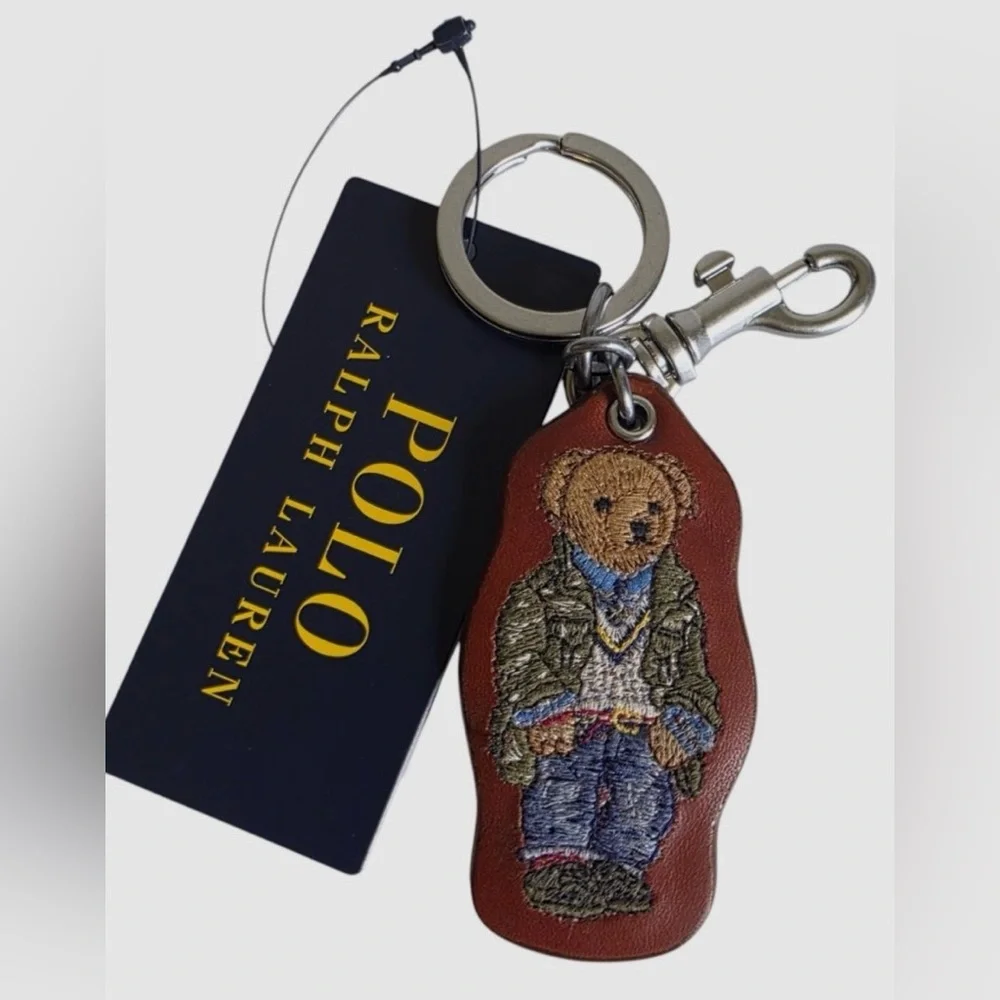 NEW Polo Ralph Lauren FIELD JACKET BEAR - LEATHER Key Ring Keychain - BROWN